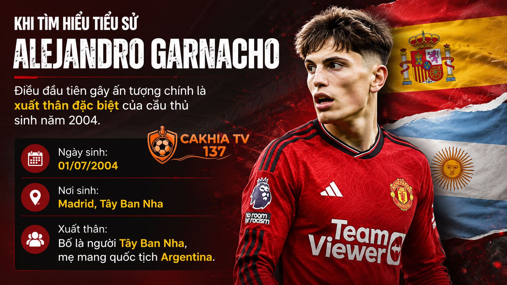 Khi tìm hiểu tiểu sử alejandro garnacho, điều đầu tiên gây ấn tượng chính là xuất thân đặc biệt của cầu thủ sinh năm 2004.