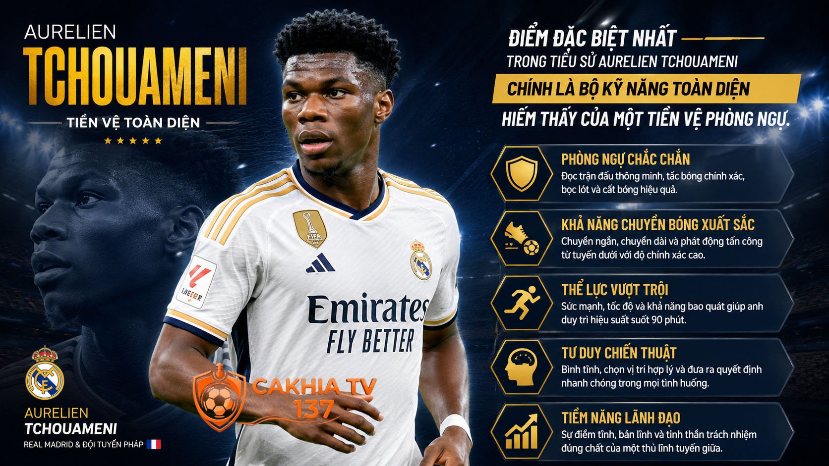 Điểm đặc biệt nhất trong tiểu sử Aurelien Tchouameni chính là bộ kỹ năng toàn diện hiếm thấy của một tiền vệ phòng ngự.
