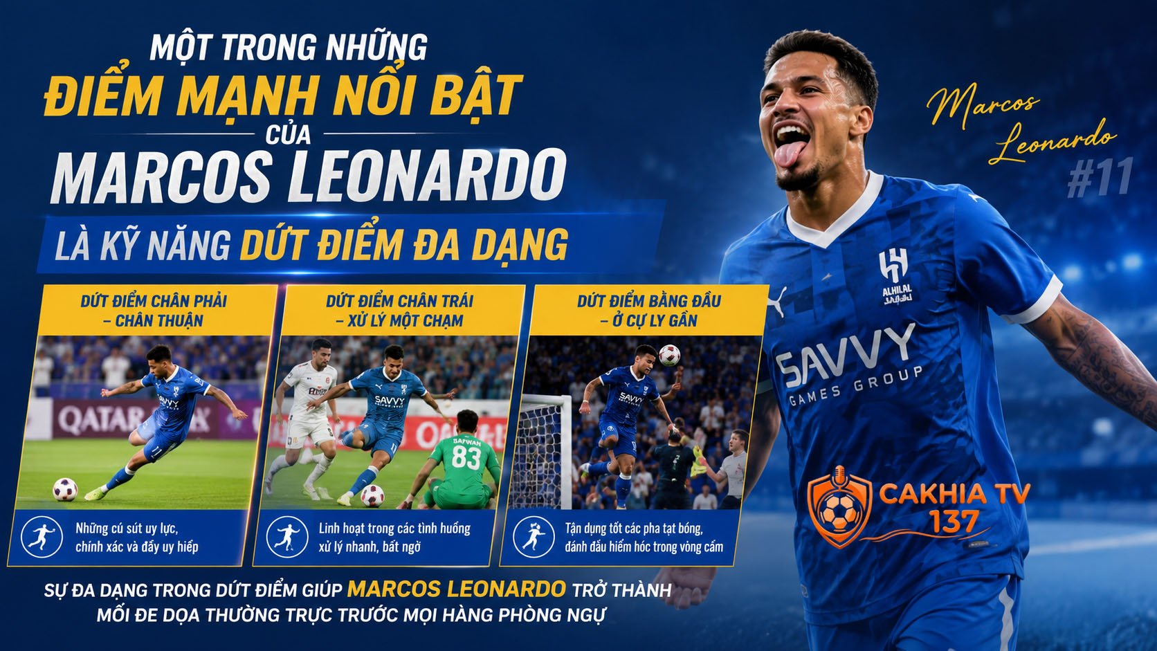 Một trong những điểm mạnh nổi bật của Marcos Leonardo là kỹ năng dứt điểm đa dạng