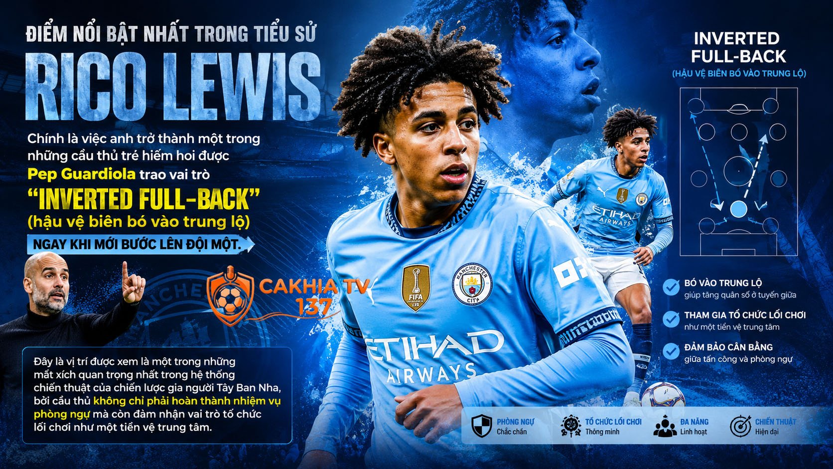 Điểm nổi bật nhất trong tiểu sử Rico Lewis chính là việc anh trở thành một trong những cầu thủ trẻ hiếm hoi được Pep Guardiola trao vai trò "inverted full-back"
