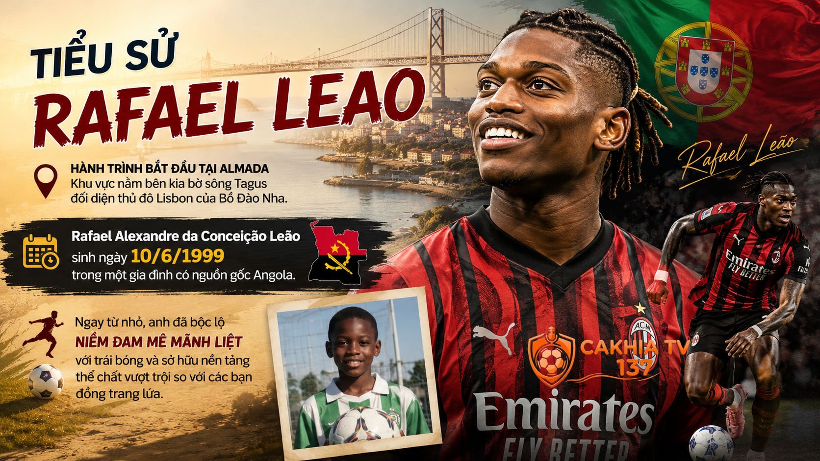 Tiểu sử Rafael Leao bắt đầu tại Almada, khu vực nằm bên kia bờ sông Tagus đối diện thủ đô Lisbon của Bồ Đào Nha