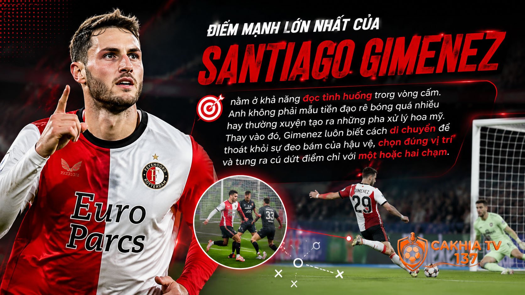 Điểm mạnh lớn nhất của Santiago Gimenez nằm ở khả năng đọc tình huống trong vòng cấm