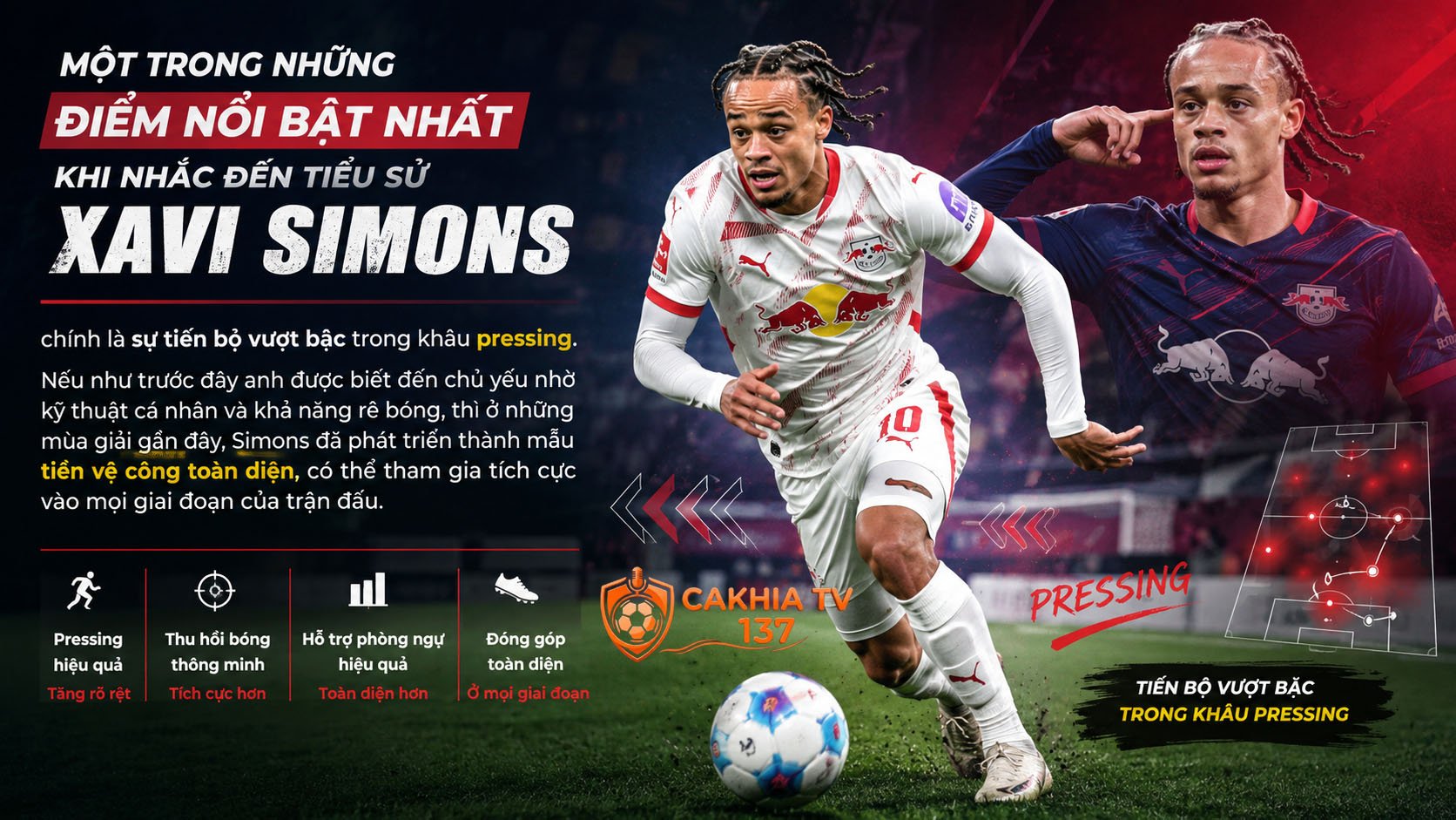 Một trong những điểm nổi bật nhất khi nhắc đến tiểu sử Xavi Simons chính là sự tiến bộ vượt bậc trong khâu pressing.